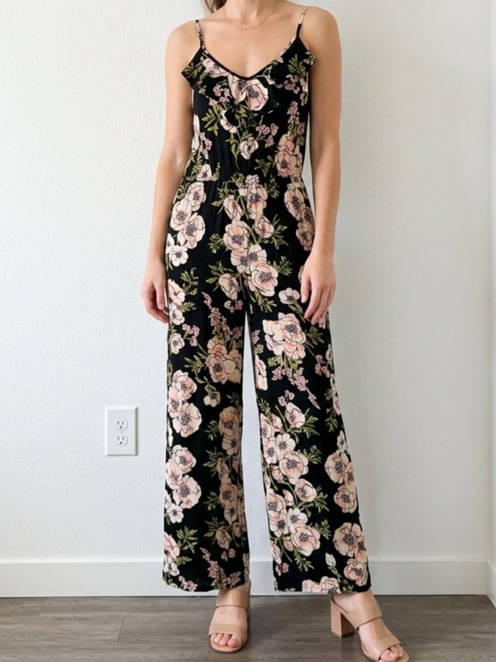 Miami S Black Floral Maxi Dress with Pockets Spaghetti Strap